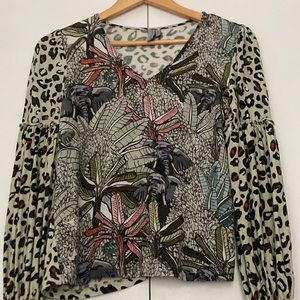 Anthropologie Blank London Sidbley Elephant Cheetah Print Long Sleeve V Neck Top